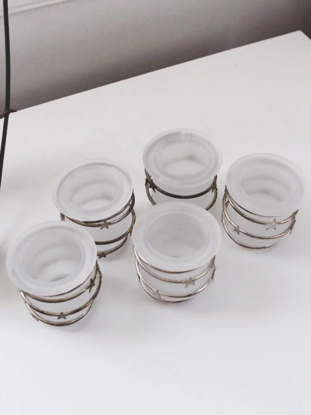 Set Of 5 Vintage Frosted Glass Tea Light Votive Candle Holders Celestial Star Si